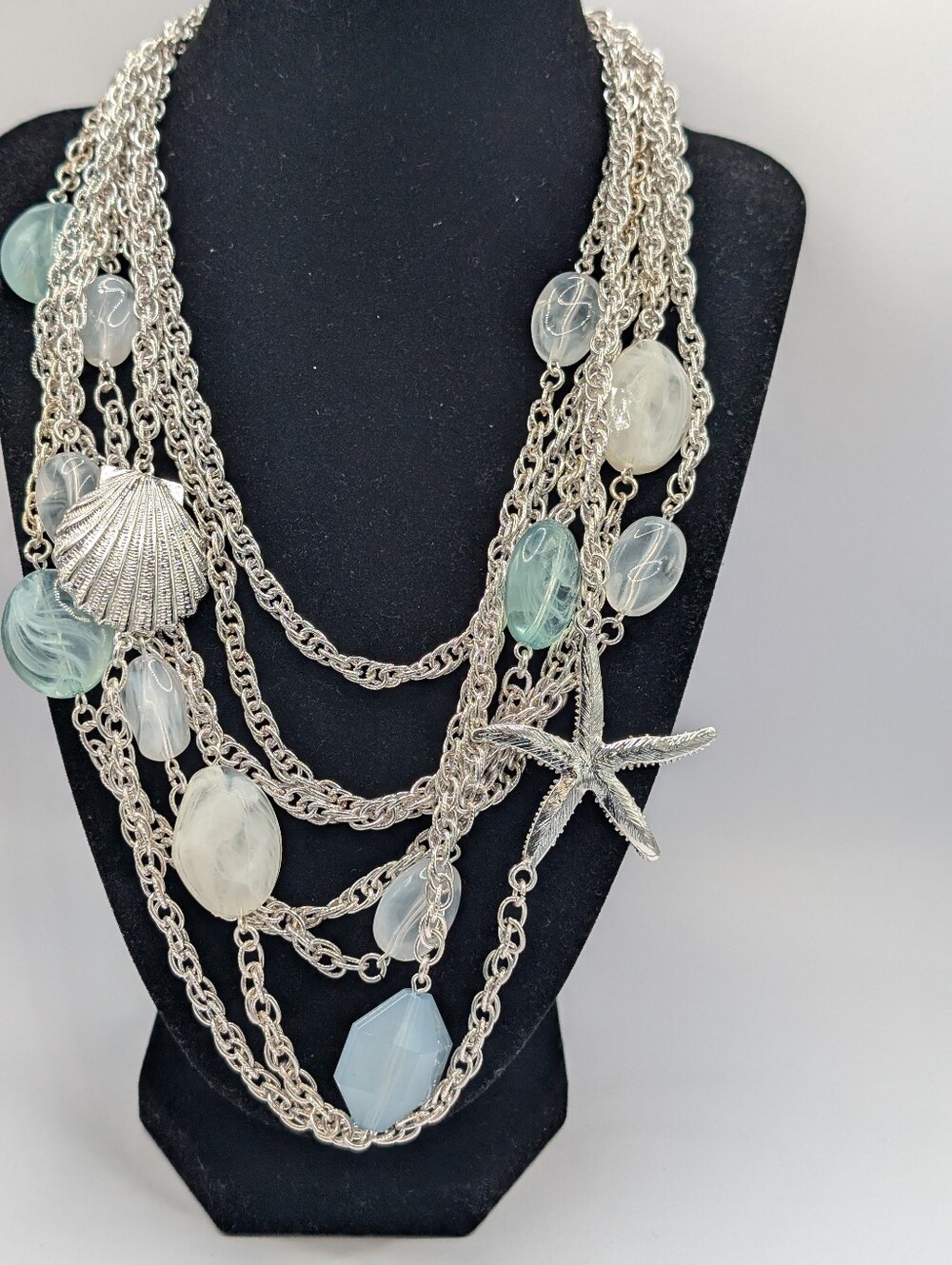 Silver Multi-Strand Sea Glass Pendant Necklace with Starfish & Shell